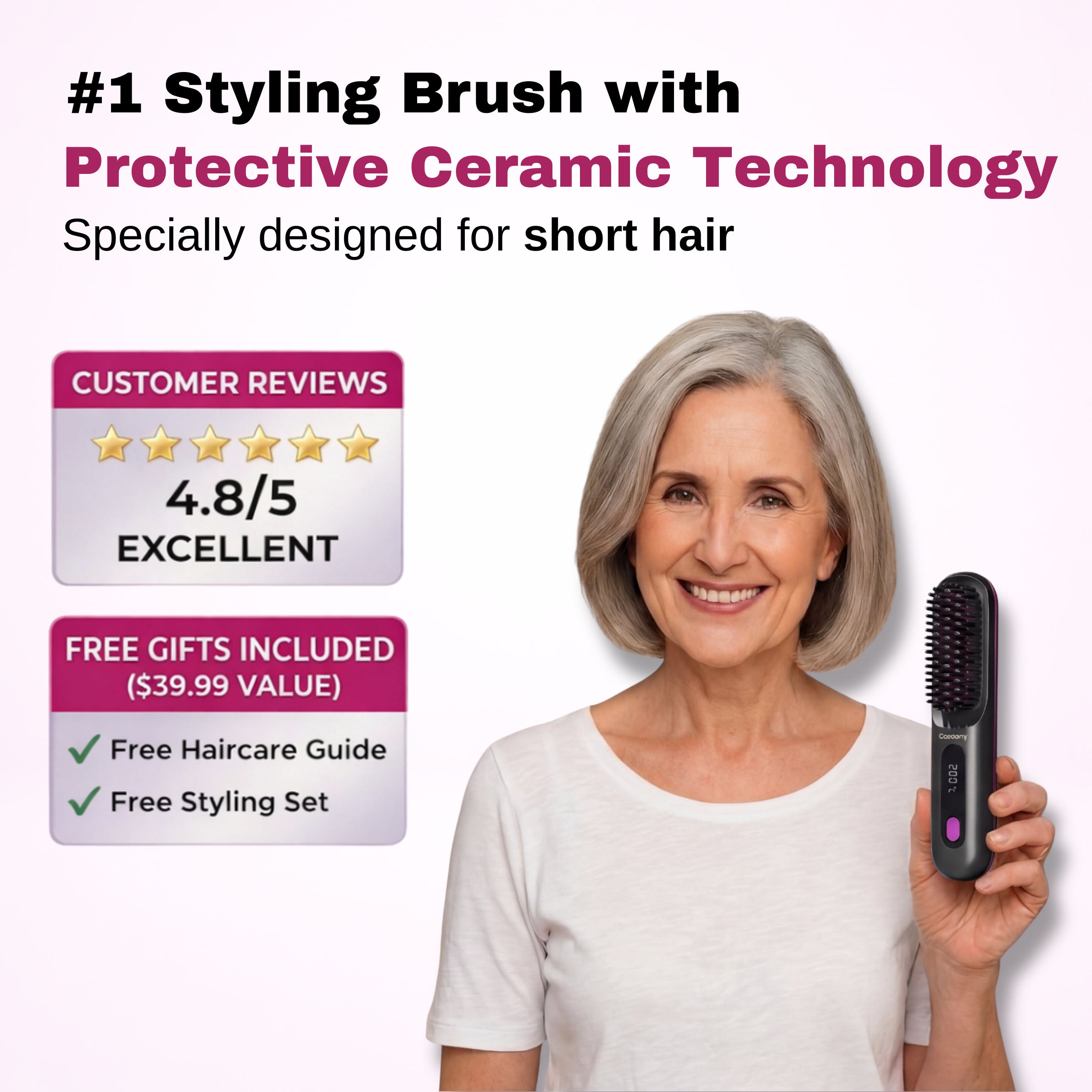 Woman holding a styling brush with promotional text about its features and benefits.