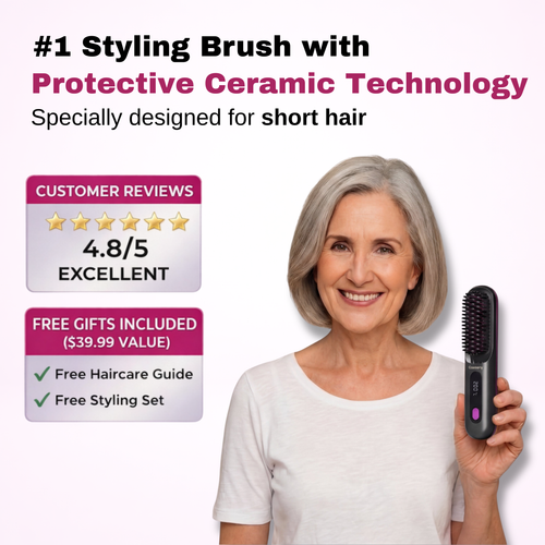 Woman holding a styling brush with promotional text about its features and benefits.